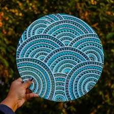 A person is holding a blue plate in their hand