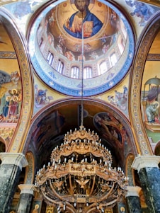 A church with a large painting on the ceiling