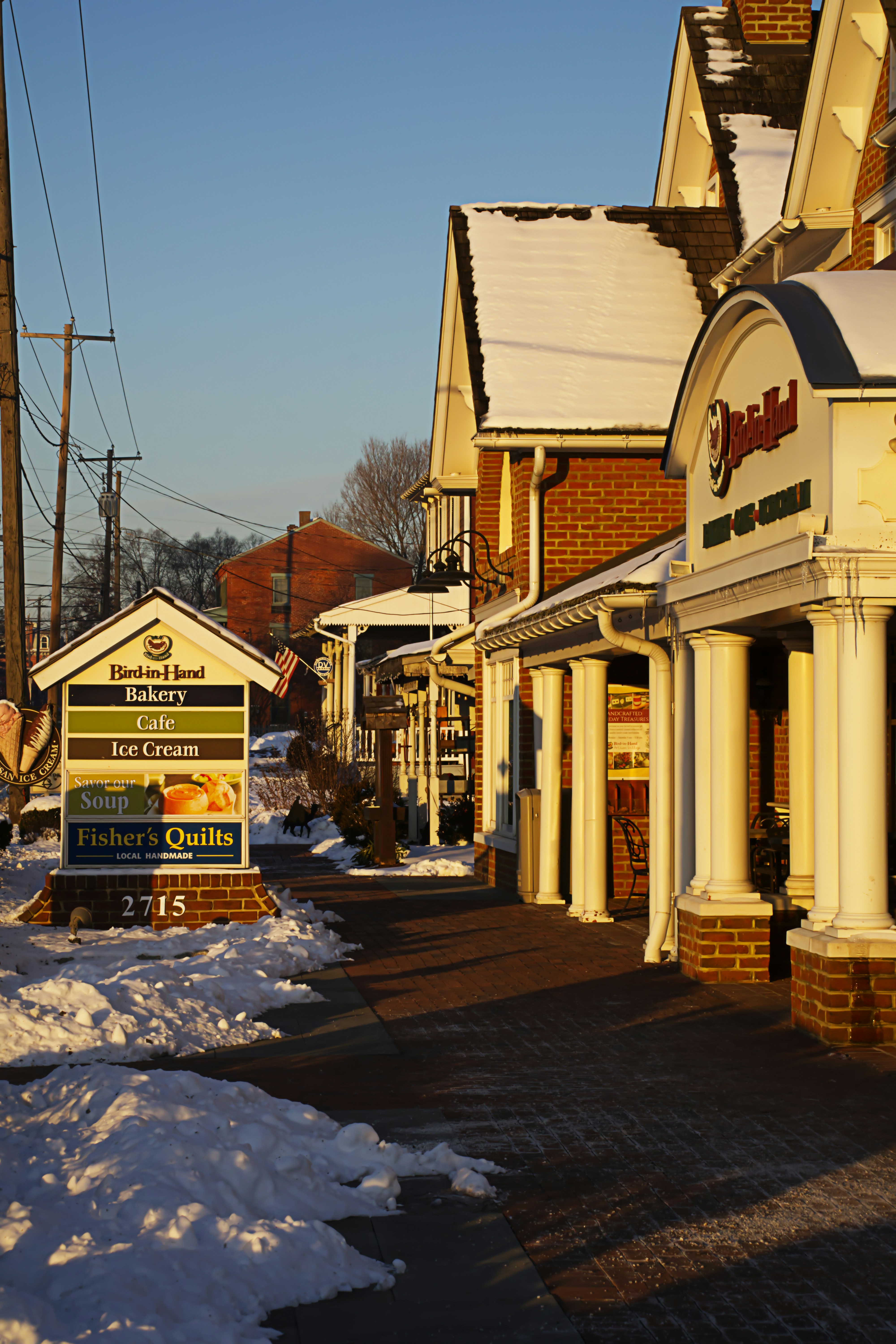 A row of houses with snow on the ground