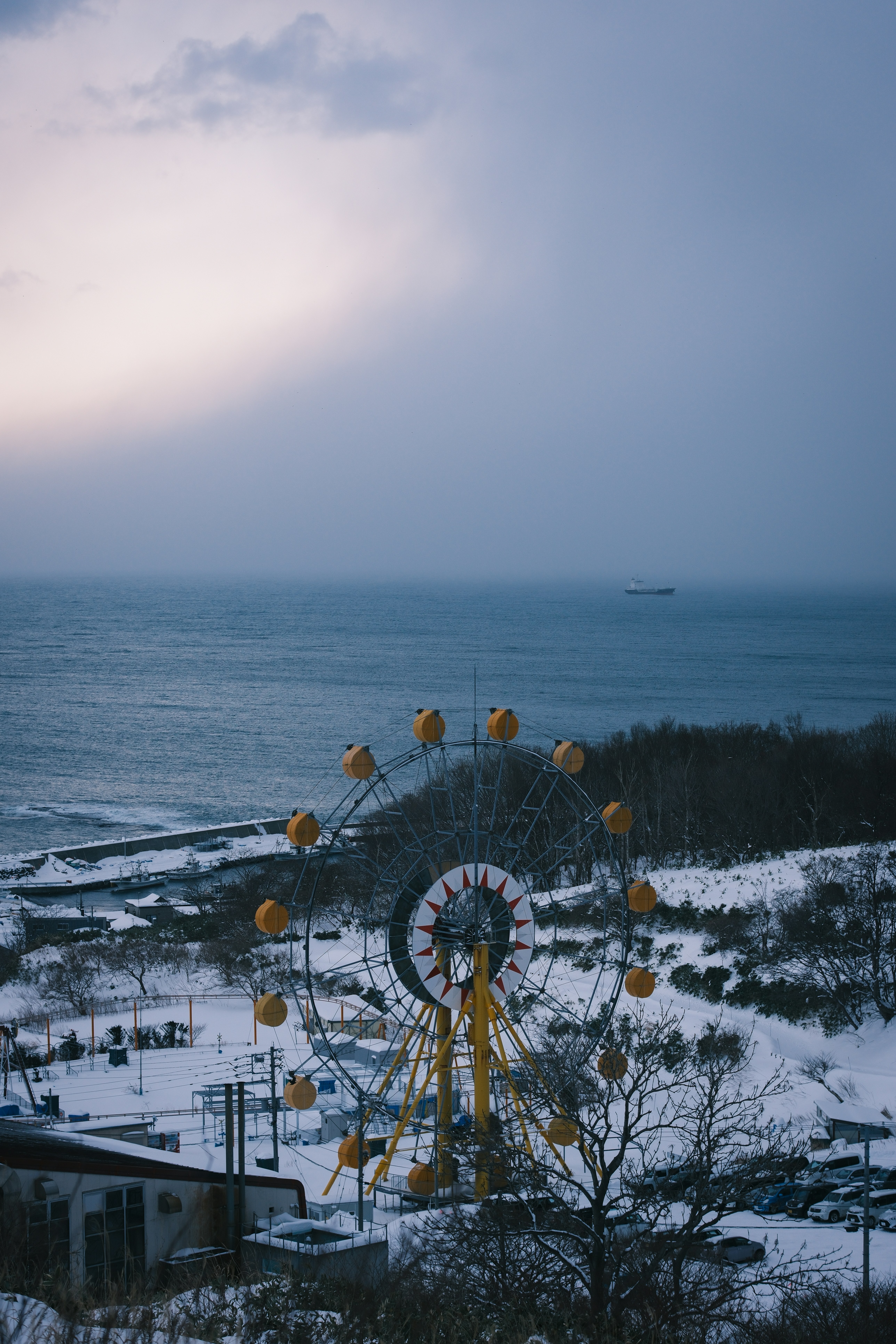A ferris wheel sitting on top of a snow covered field