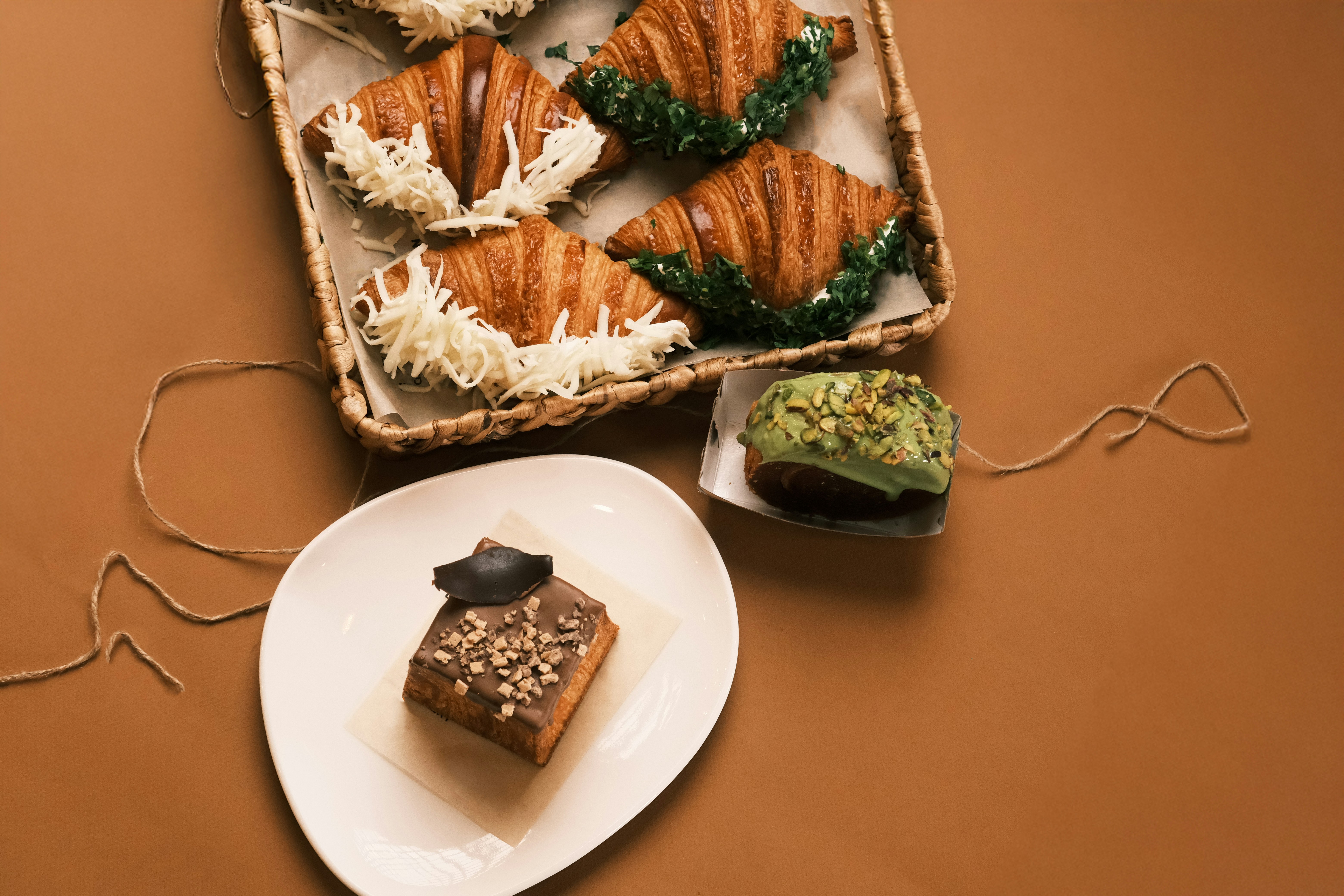 A plate of food on a brown table