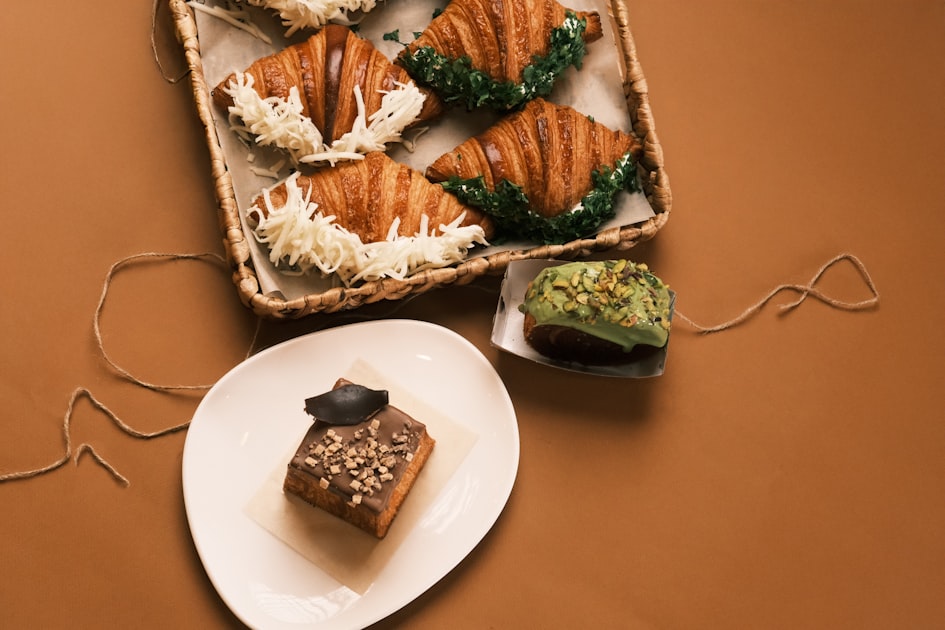 A plate of food on a brown table
