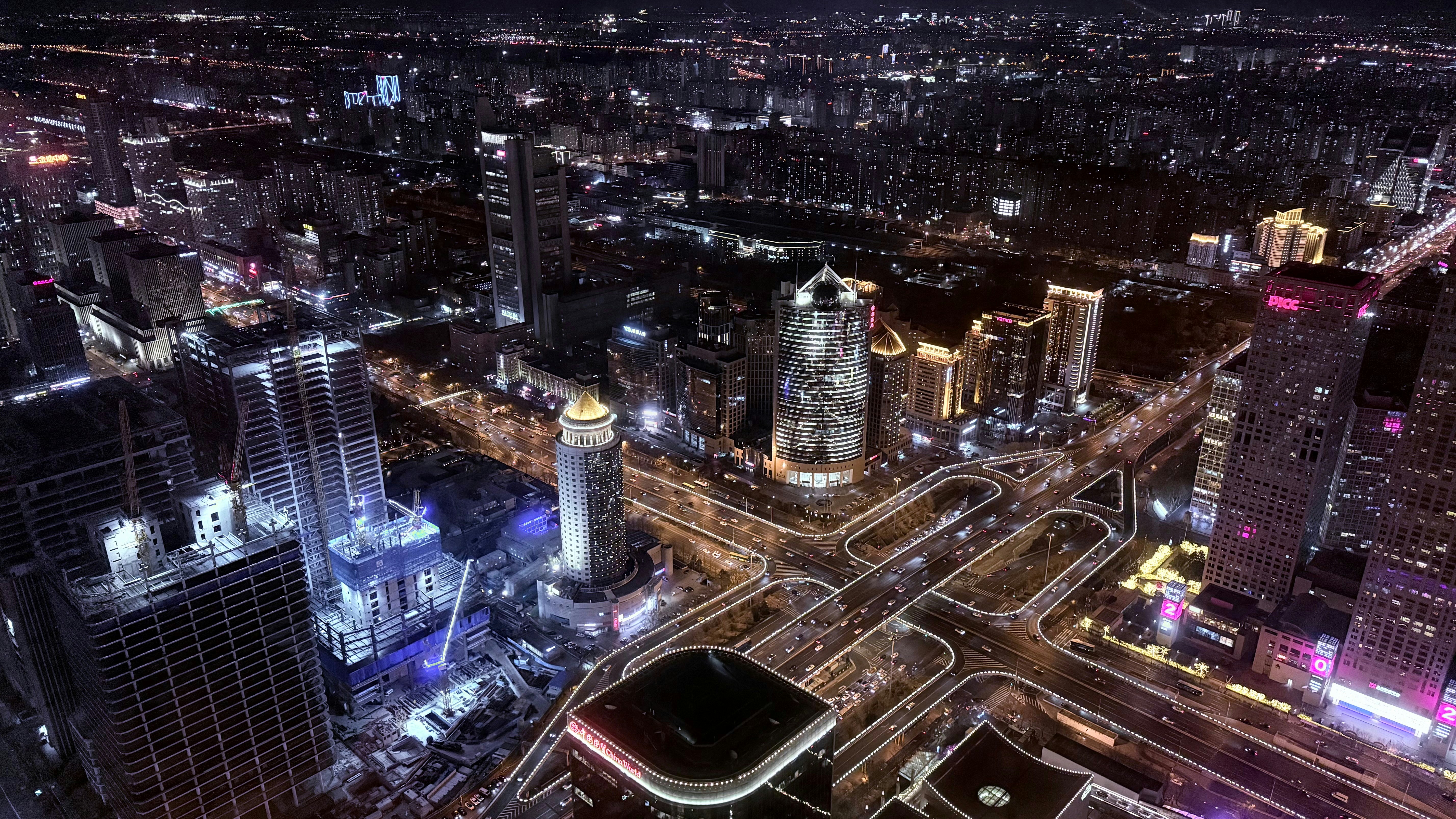 An aerial view of a city at night