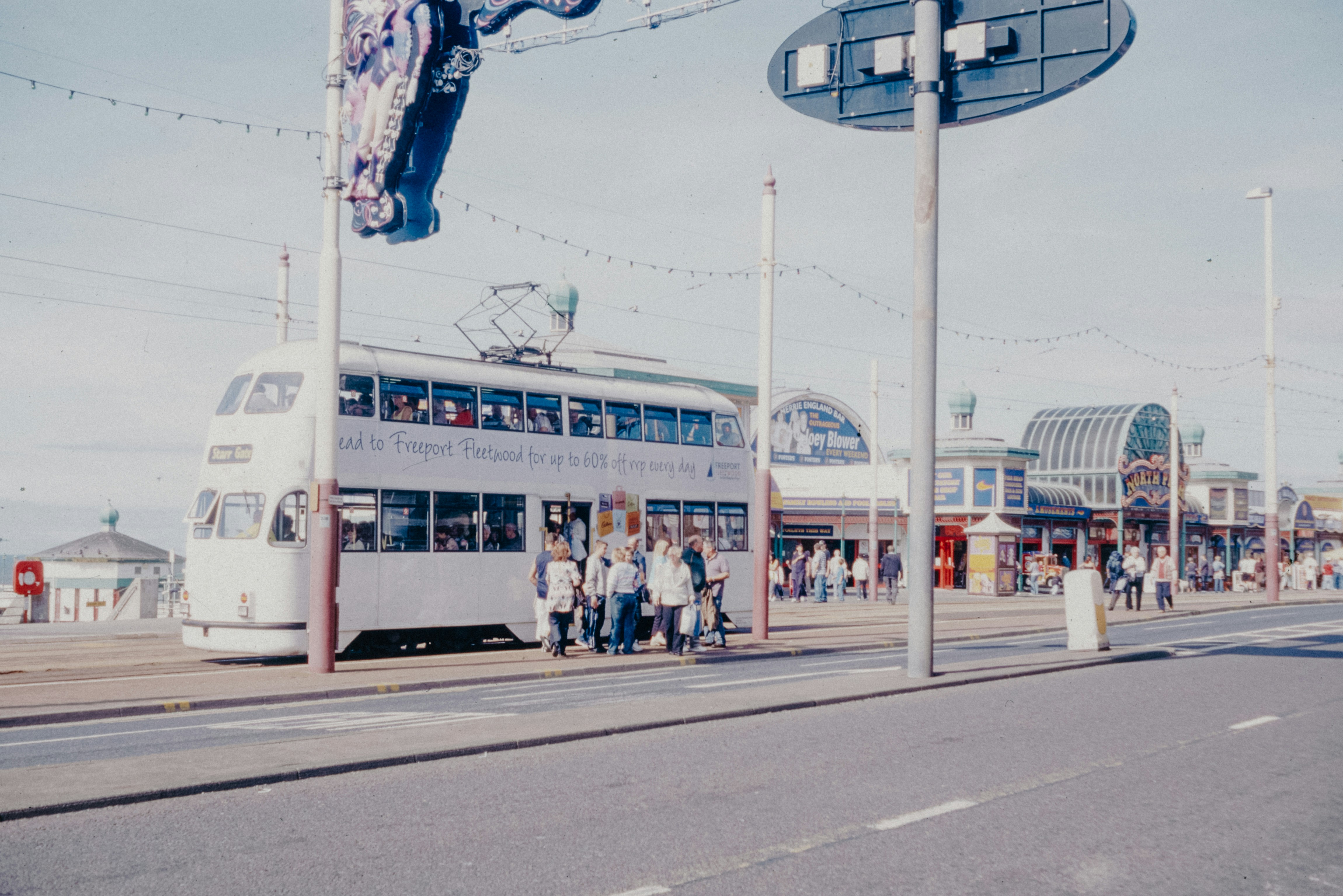 A double decker bus on a city street
