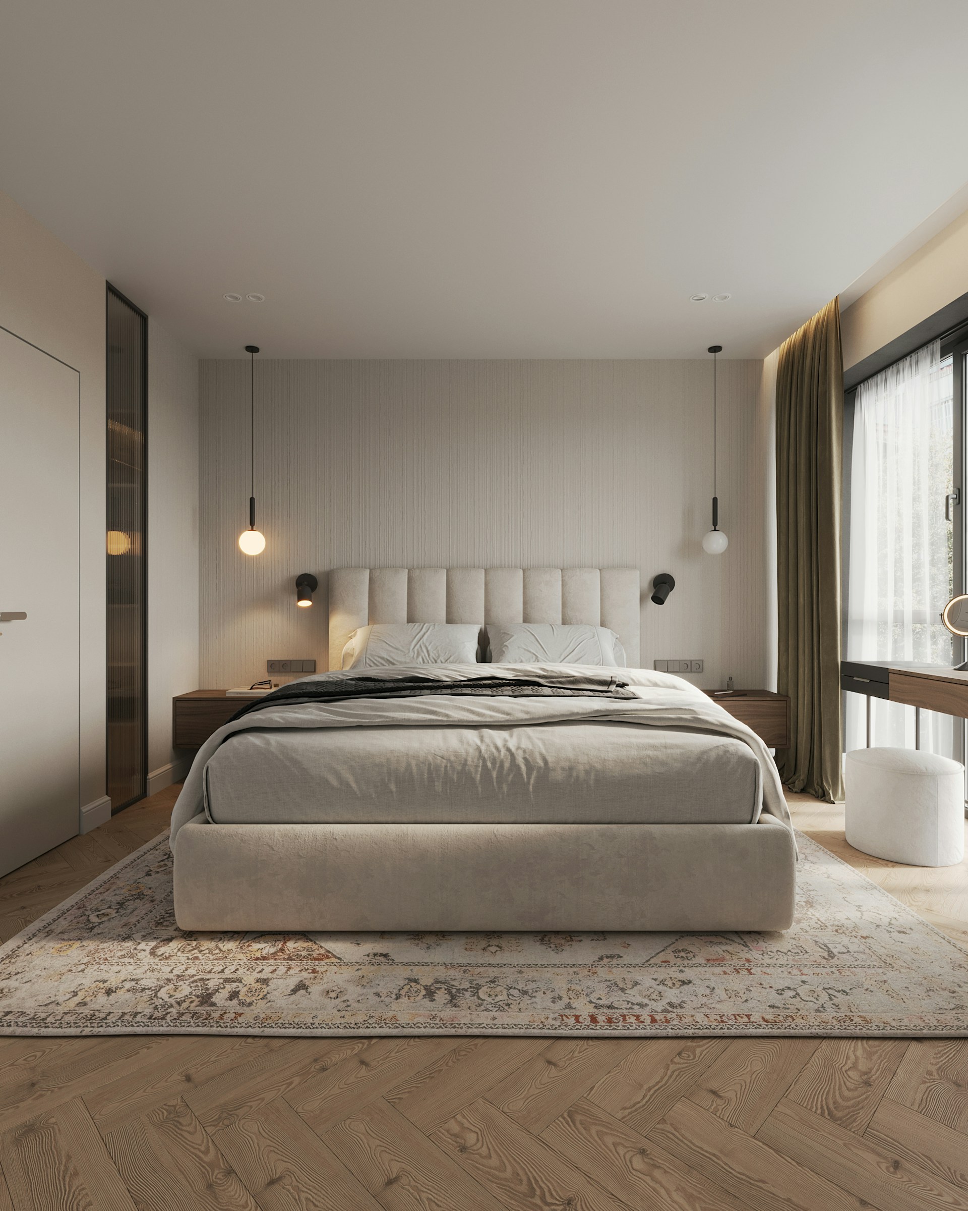 A bedroom with a large bed and a large window