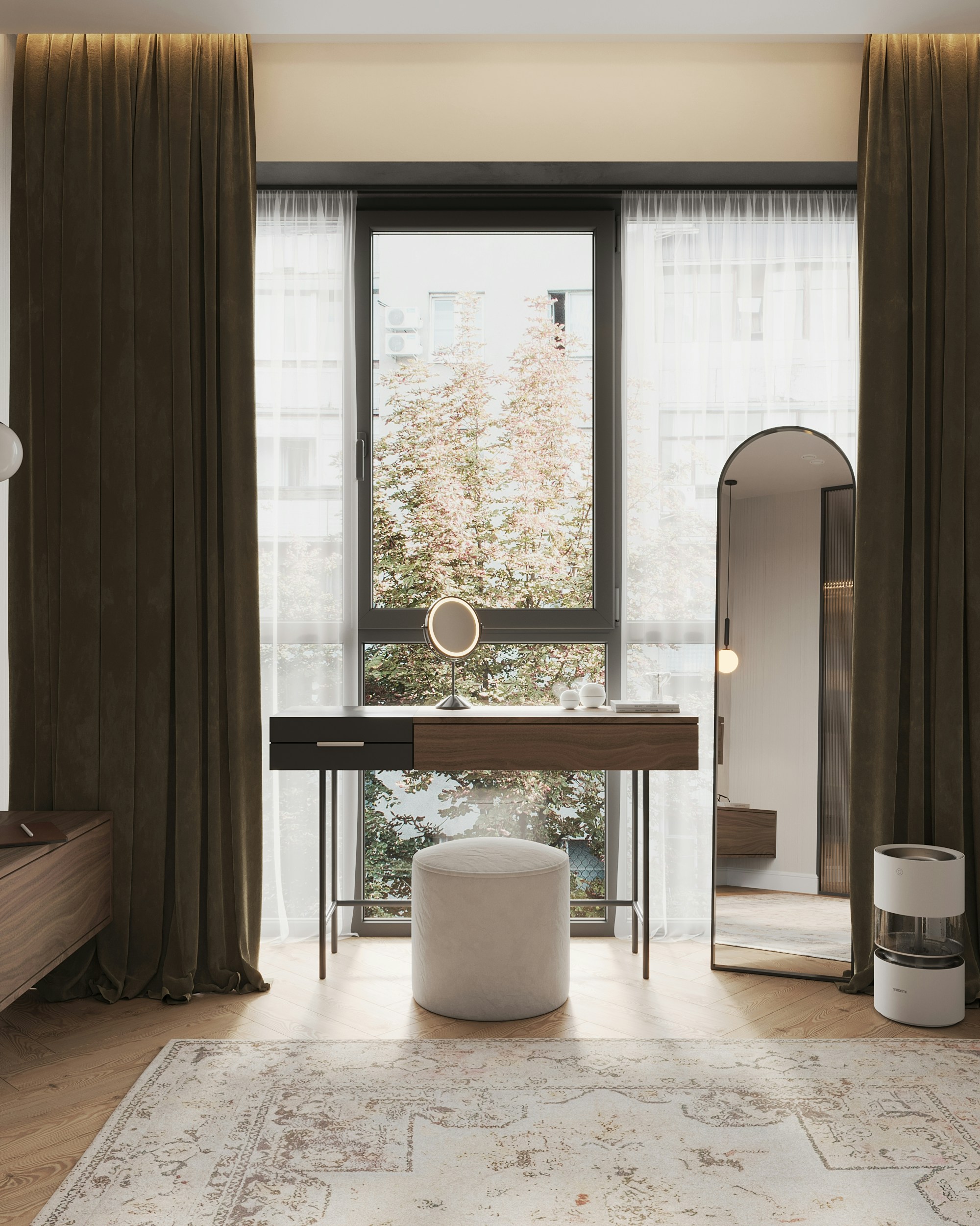 A room with a large window and a rug on the floor