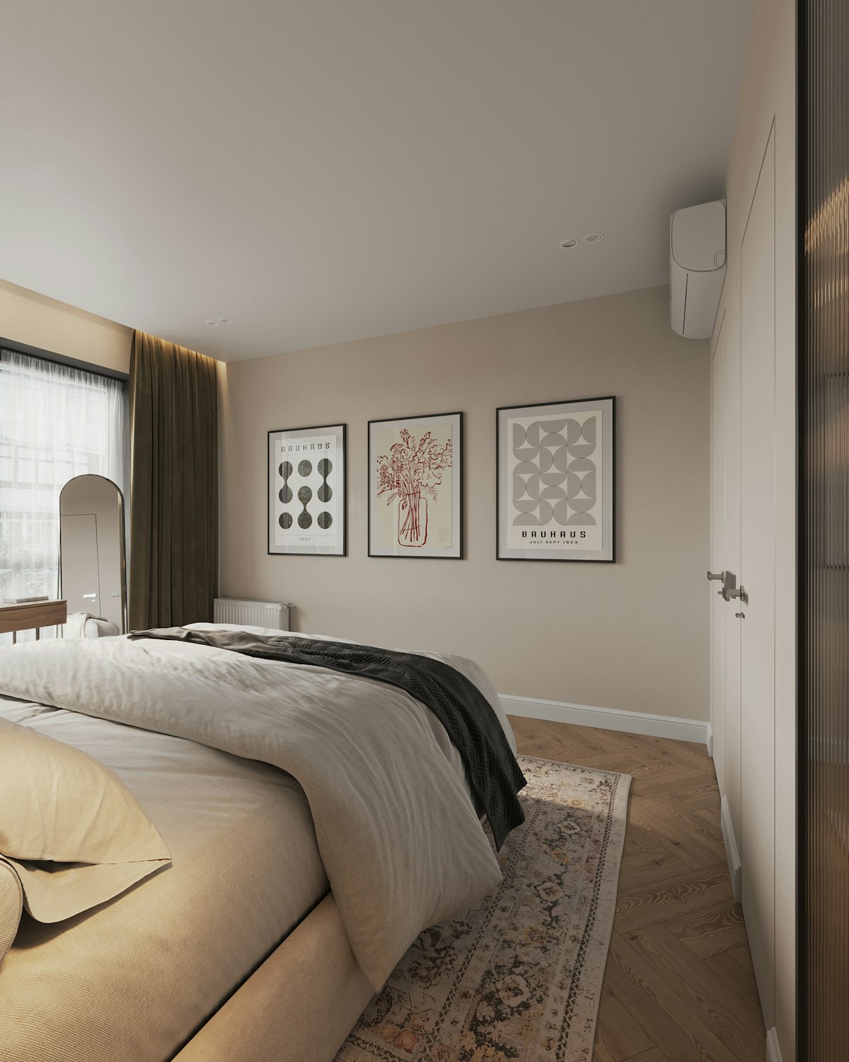 Minimalist bedroom with a large bed beside a tall window, illustrating typical UK master-bedroom proportions