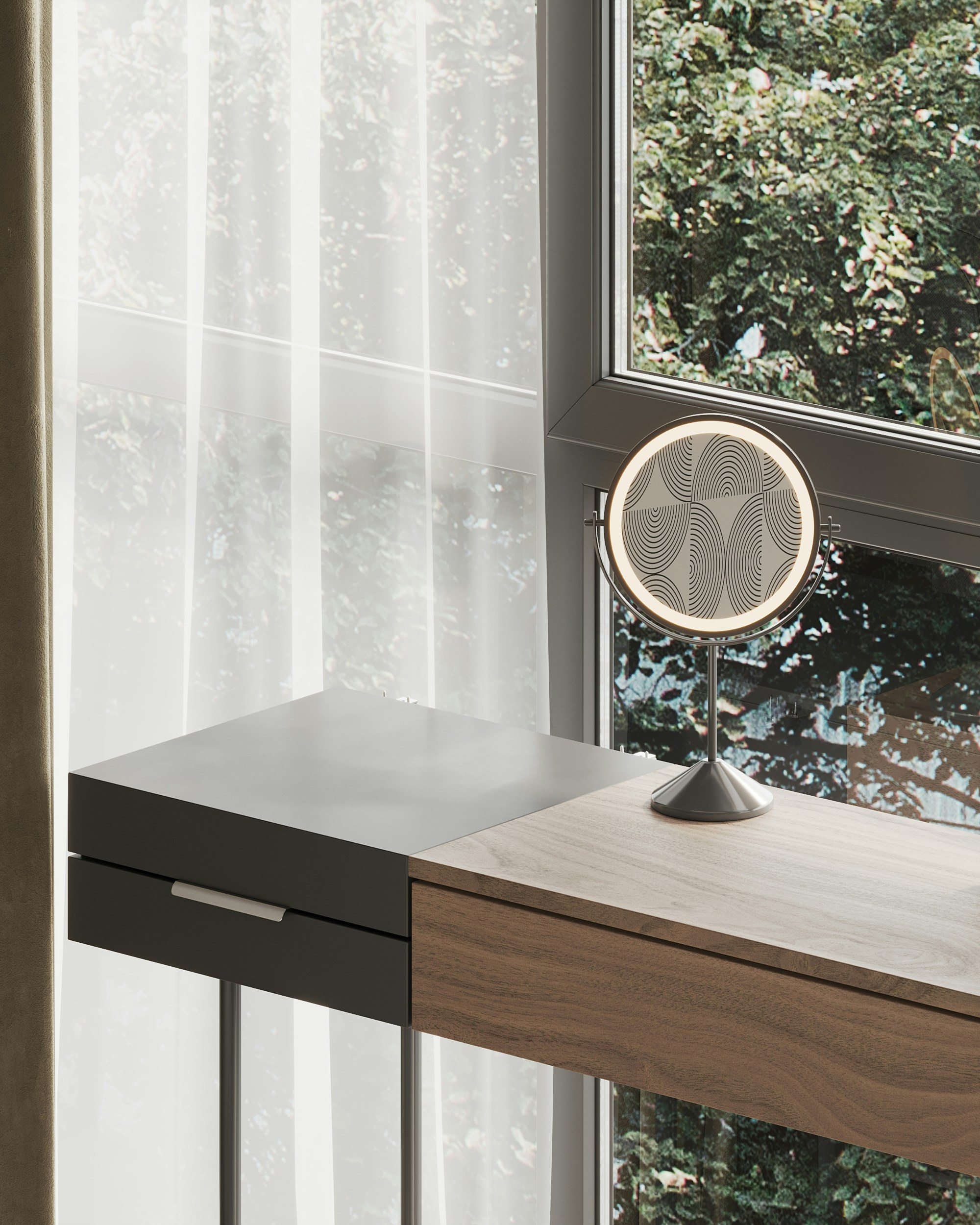 A table with a mirror on it next to a window