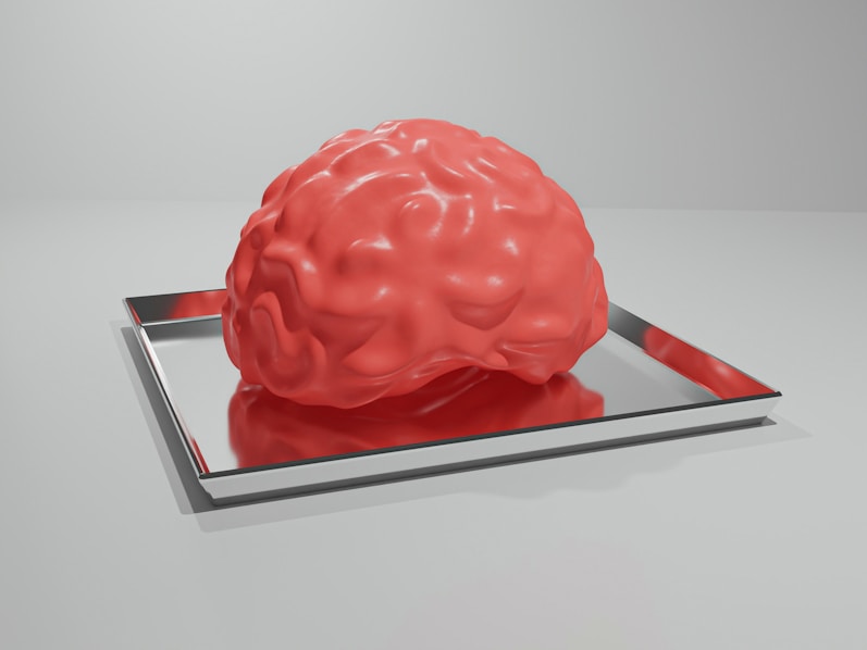 A red brain sitting on top of a metal tray