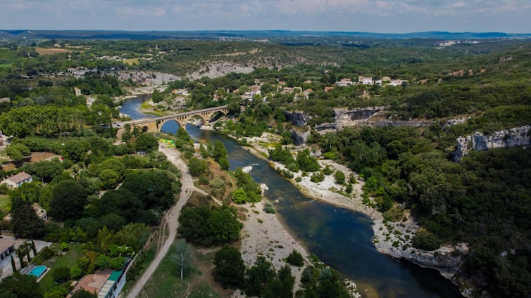 An aerial view of a river running through a lush green forest