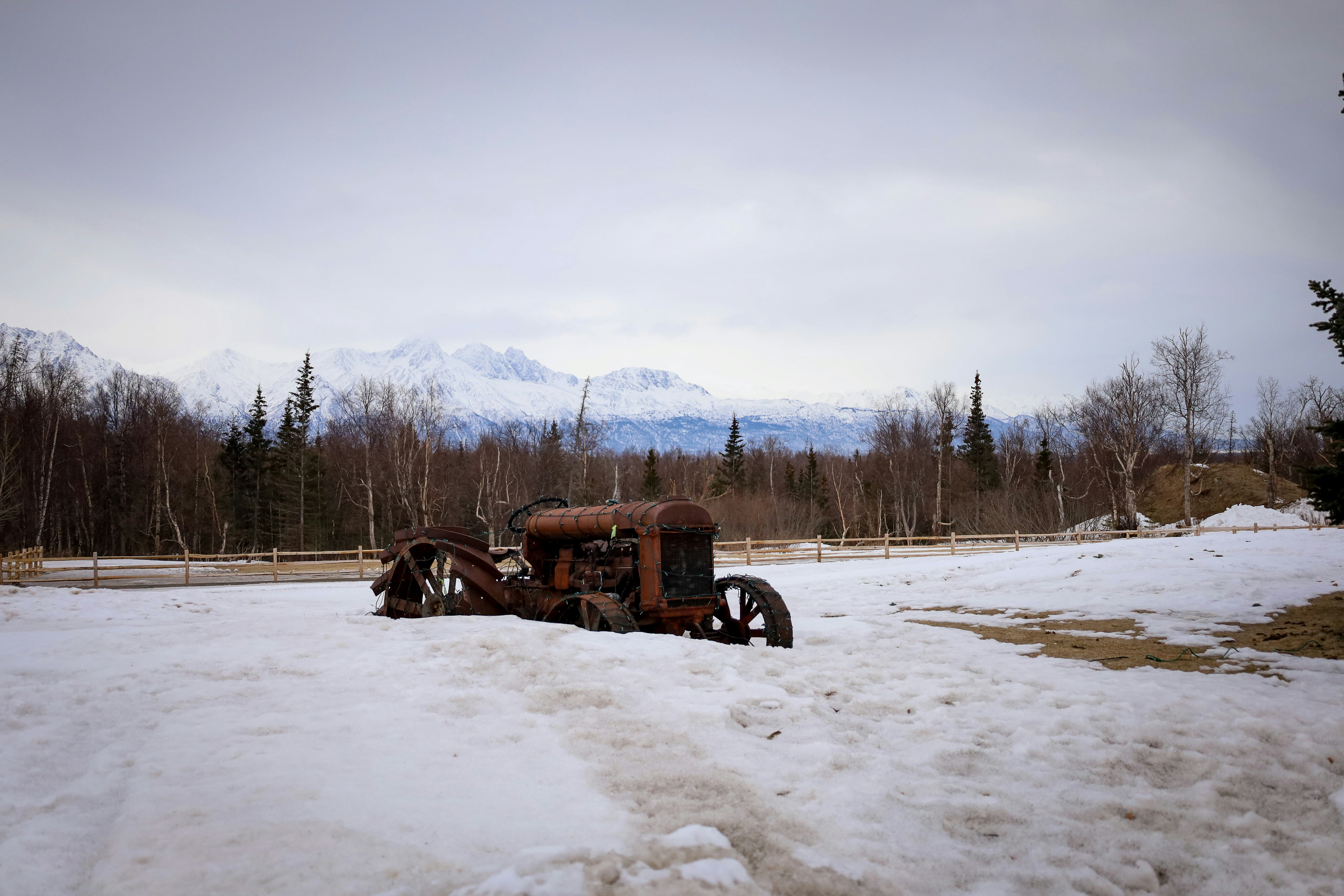 An old truck sitting in the middle of a snowy field
