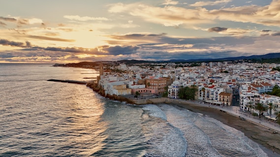 An aerial view of a beach and a city
