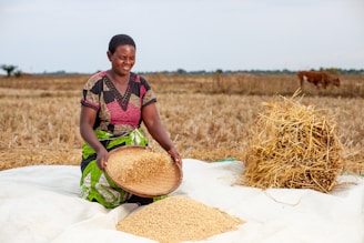 A woman sitting on a blanket in a wheat field