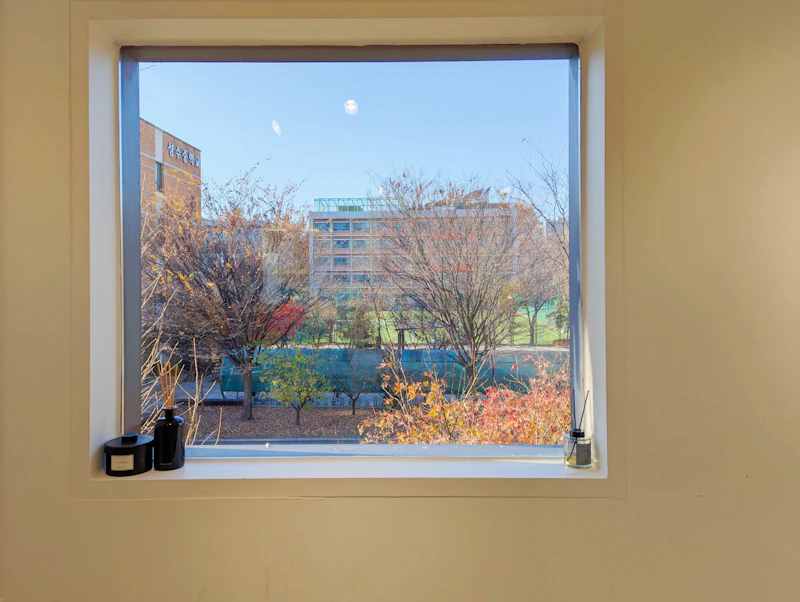 Window with a view of the city