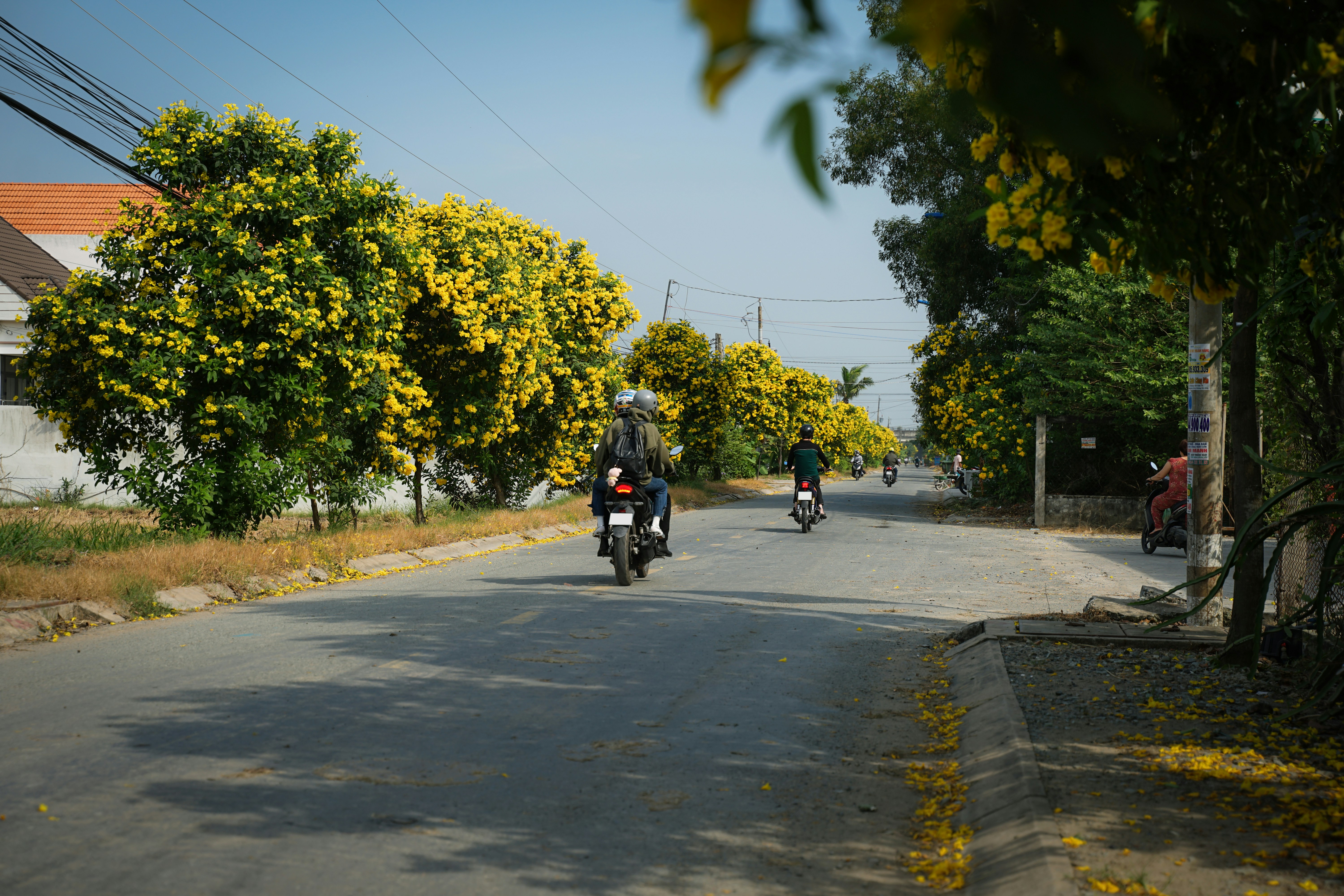 A couple of people riding motorcycles down a street