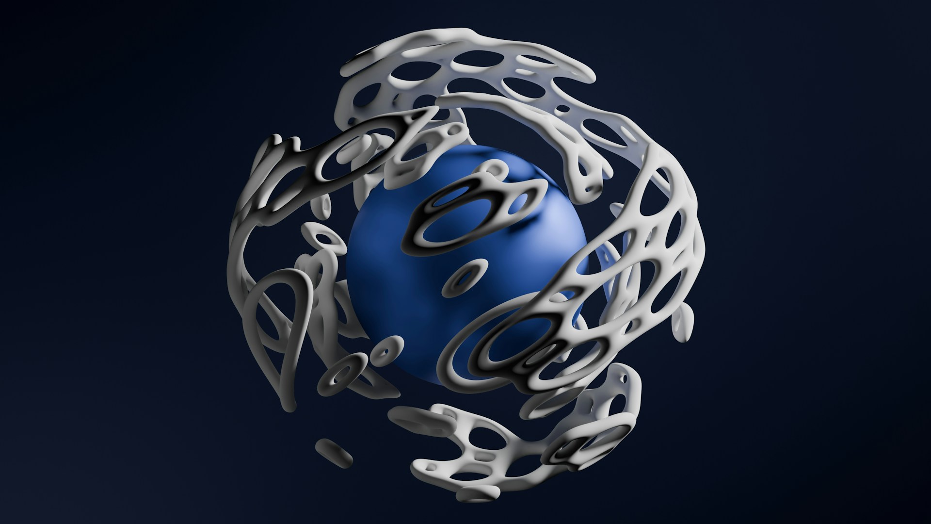 A blue ball is in a metal structure
