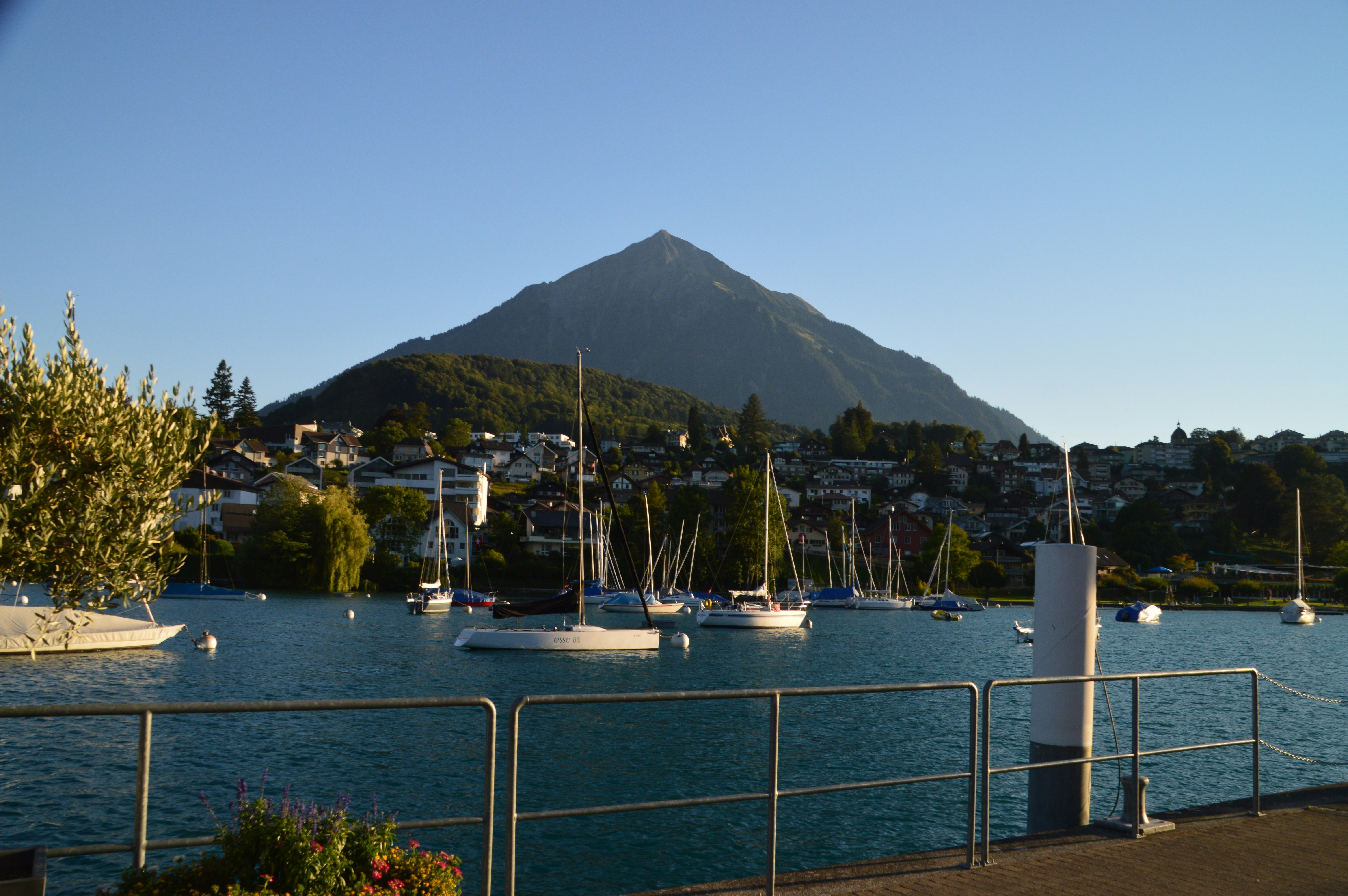 A body of water with a mountain in the background