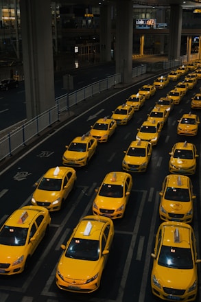 A large group of taxi cabs are lined up on the street