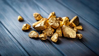 A pile of gold nuggets sitting on top of a wooden table