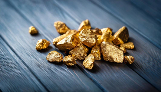 A pile of gold nuggets sitting on top of a wooden table