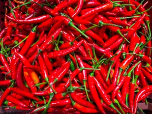 A pile of red peppers sitting on top of a table