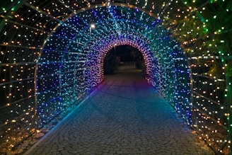 A tunnel of lights in the middle of a road