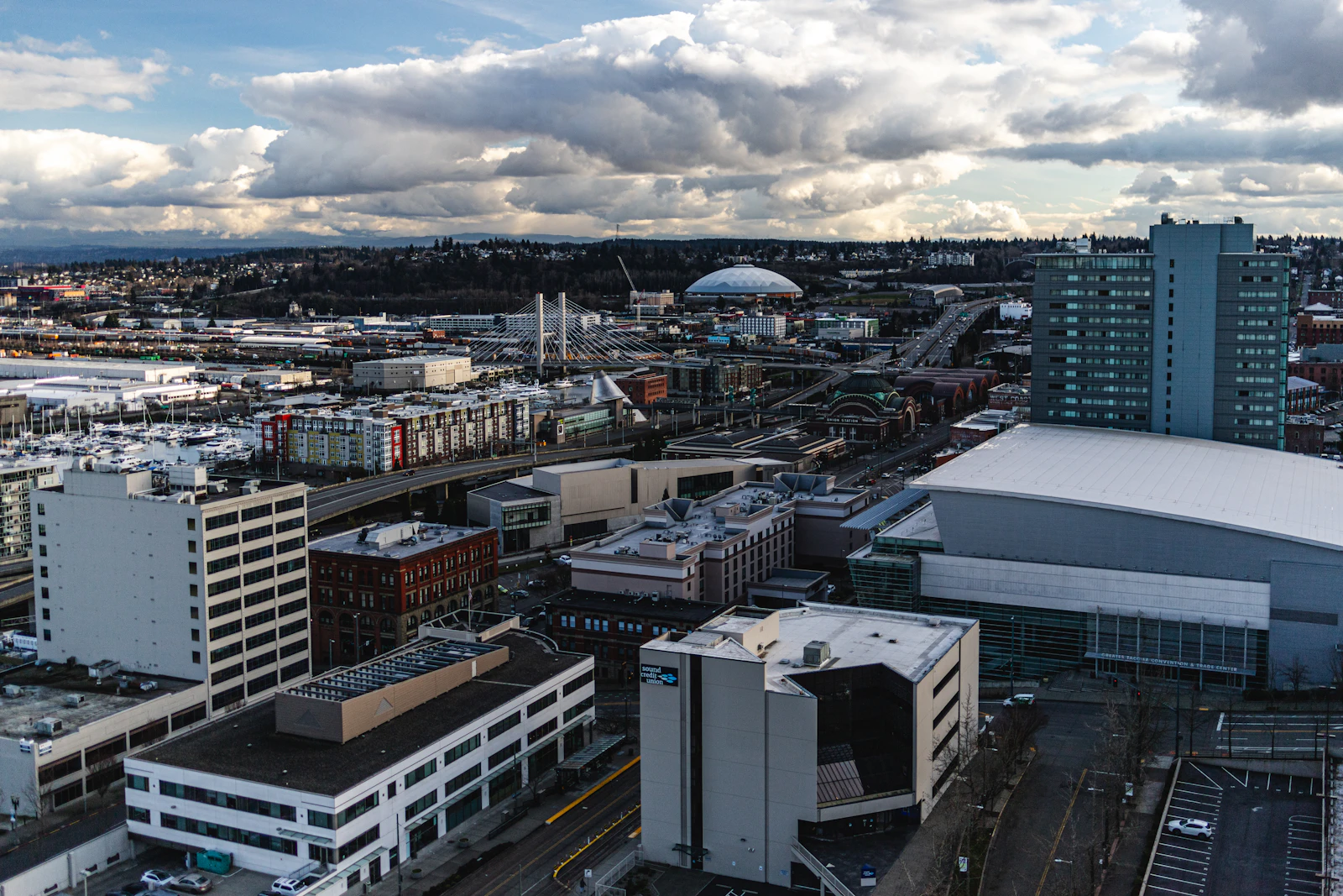 Aerial view of downtown Tacoma with tall buildings