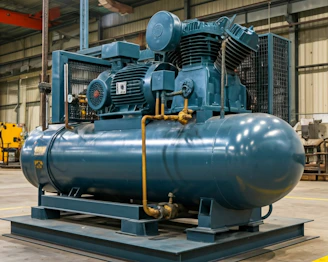 A large blue water heater sitting inside of a building