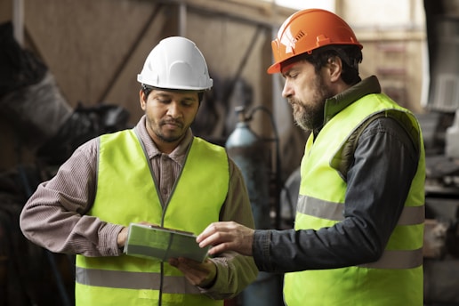 Two men wearing safety vests and hard hats