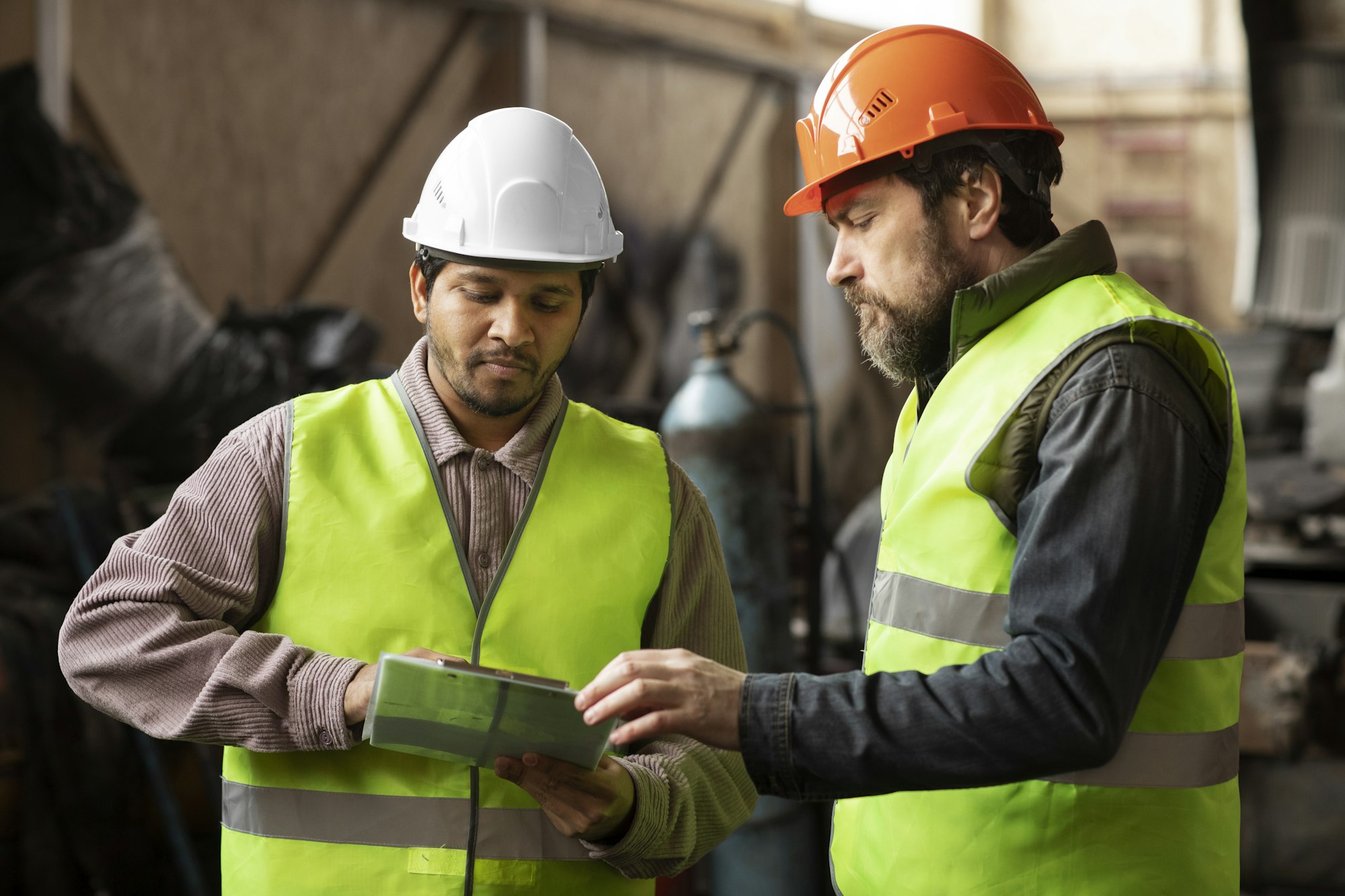 Two workers in hard hats and yellow high visibility vests stand together in an industrial workshop, both looking down at a tablet one of them is holding.