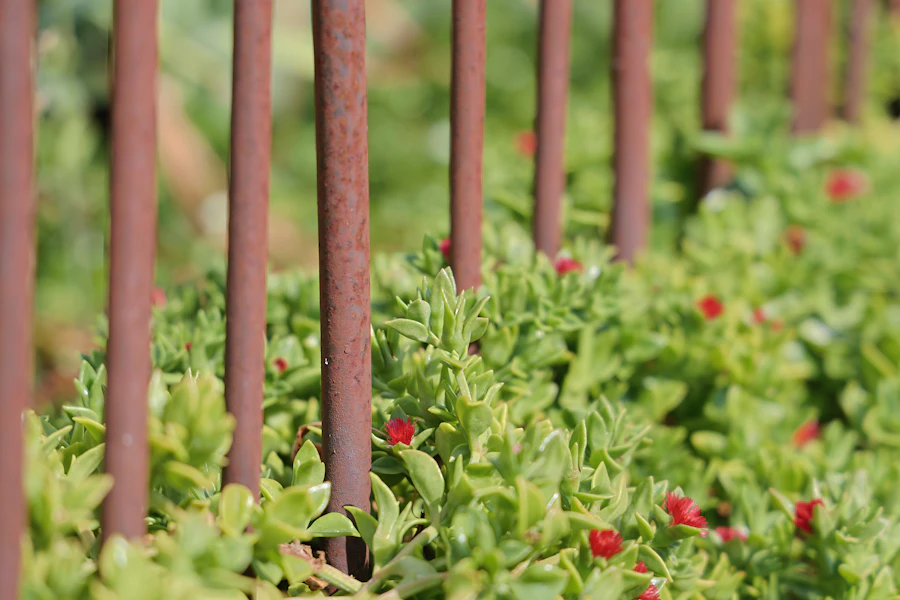 Row of metal poles with flowers — vertical rods creating electromagnetic perimeter