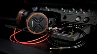 A pair of headphones sitting on top of a table