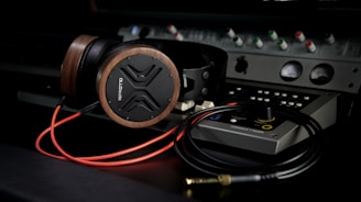 A pair of headphones sitting on top of a table