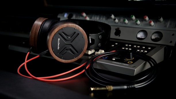 A pair of headphones sitting on top of a table