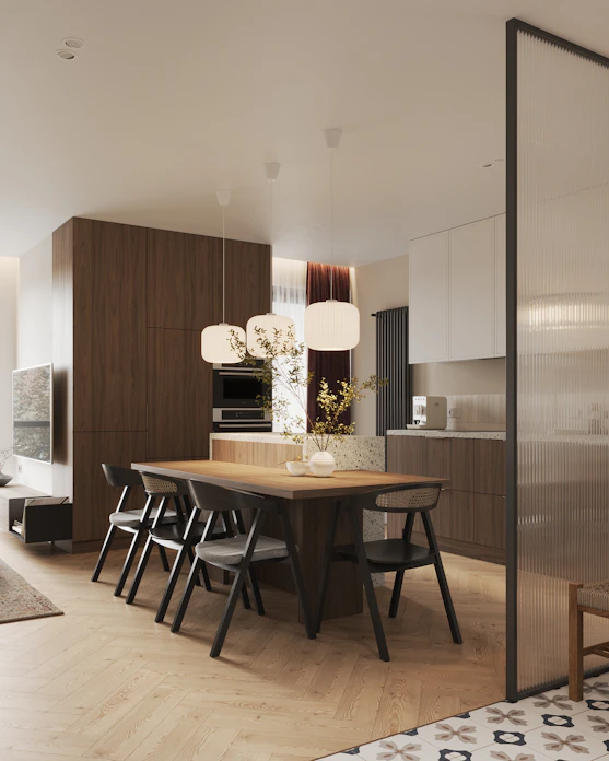A dining room with a table and chairs