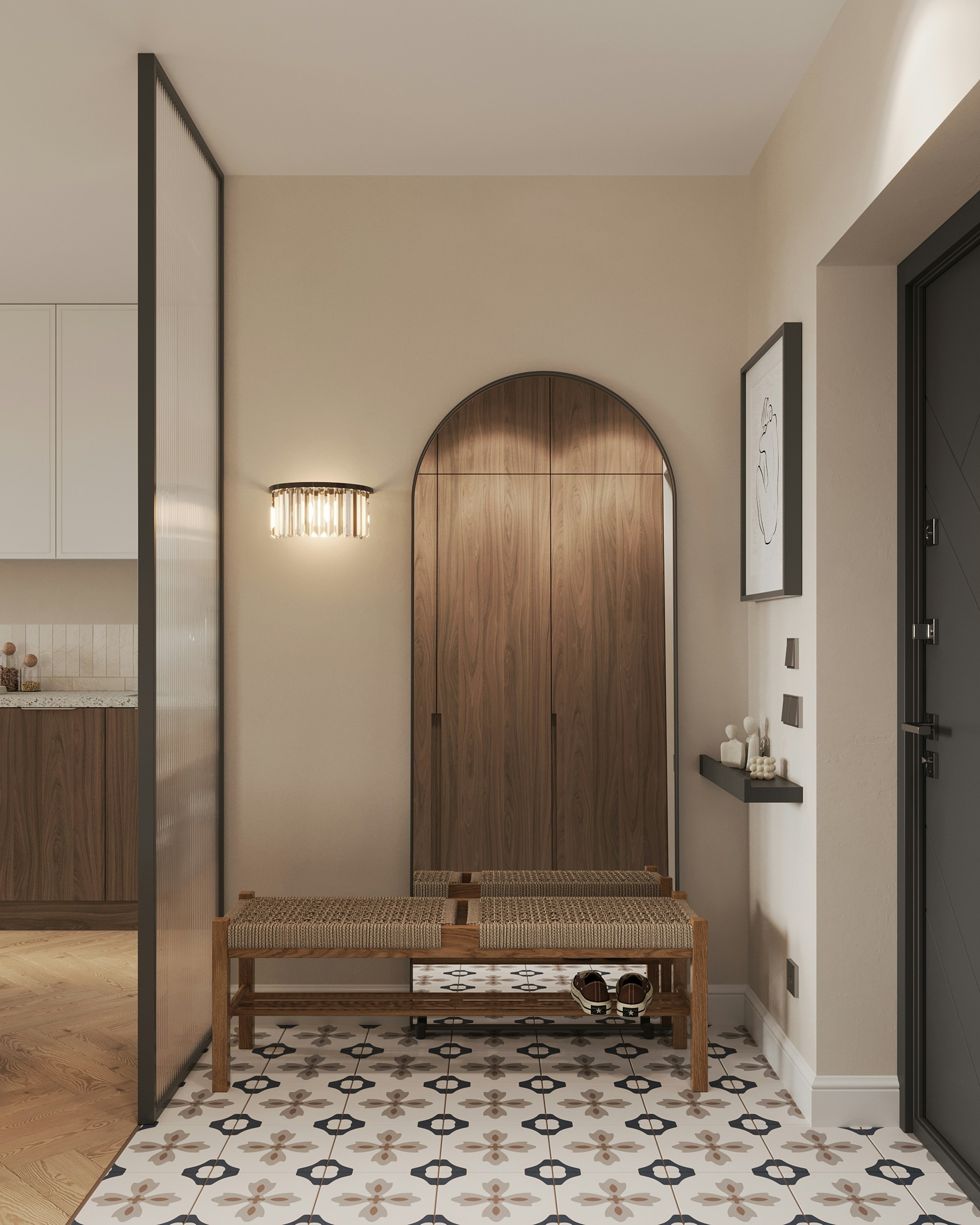 A room with a table and a bench in it