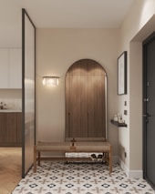 A room with a table and a bench in it