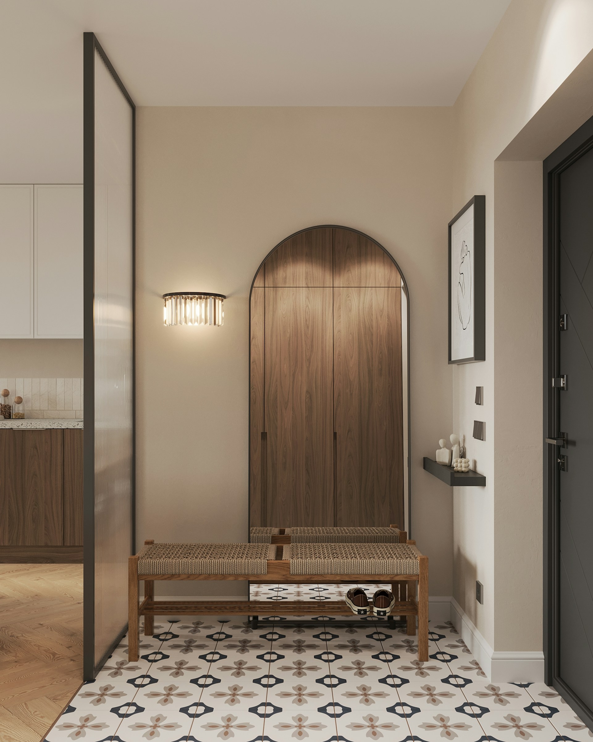 A room with a table and a bench in it