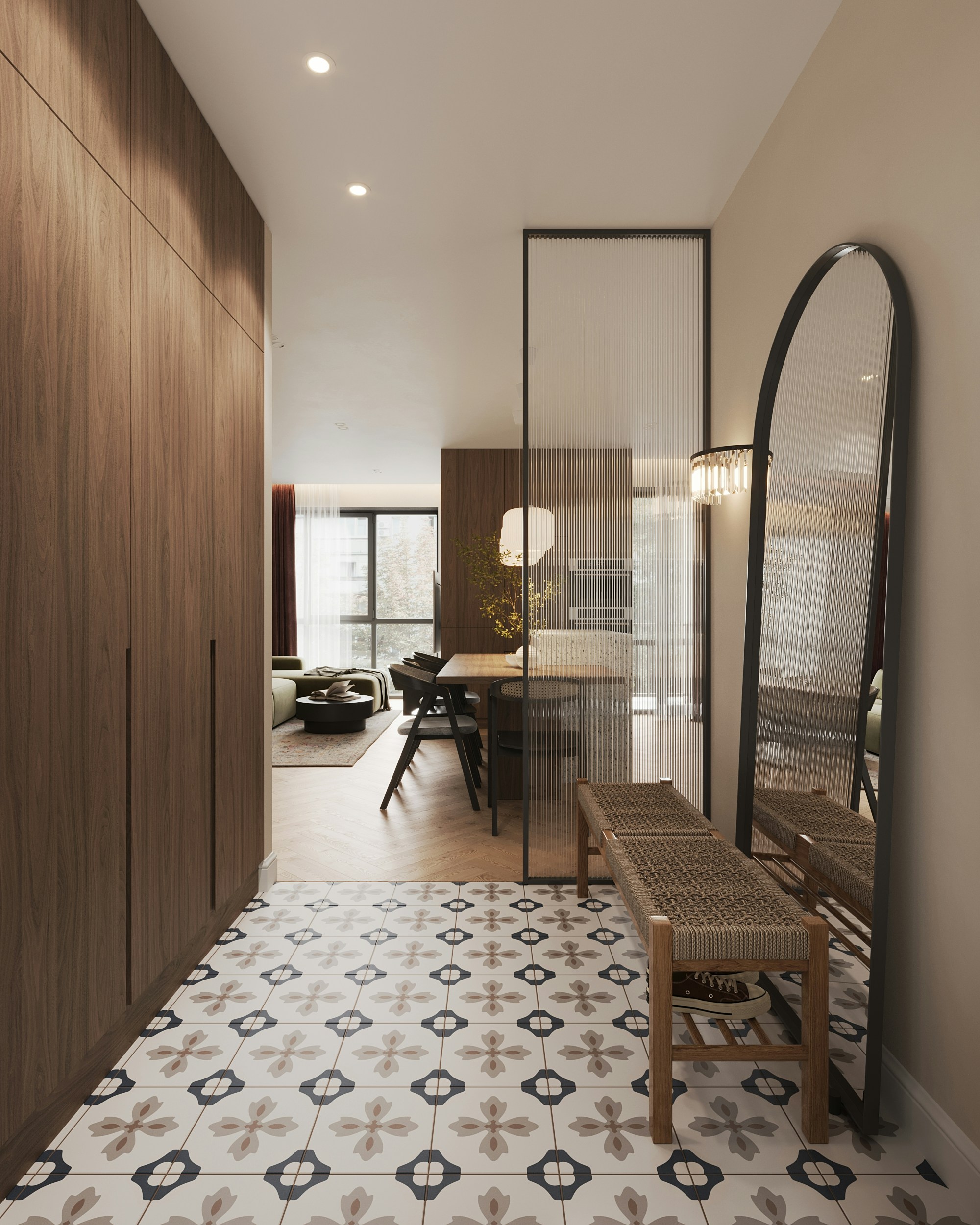 A hallway with a bench and a mirror