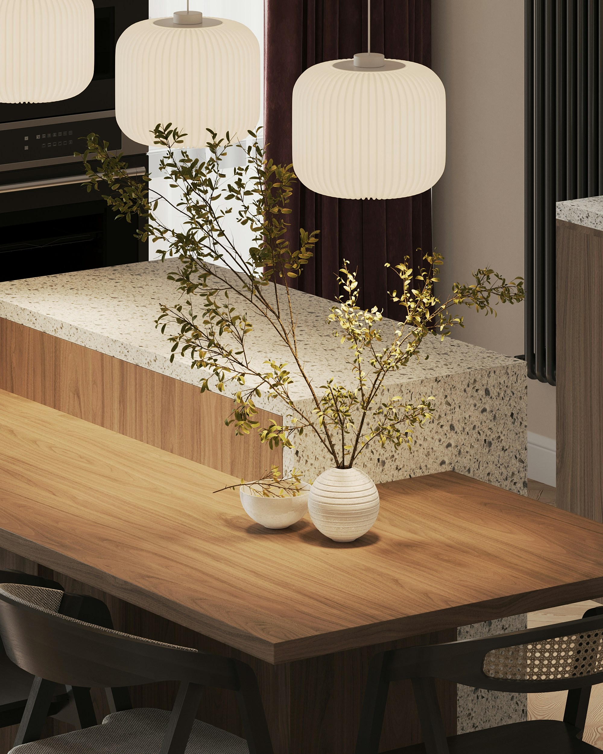 A kitchen with a table, chairs and a stove