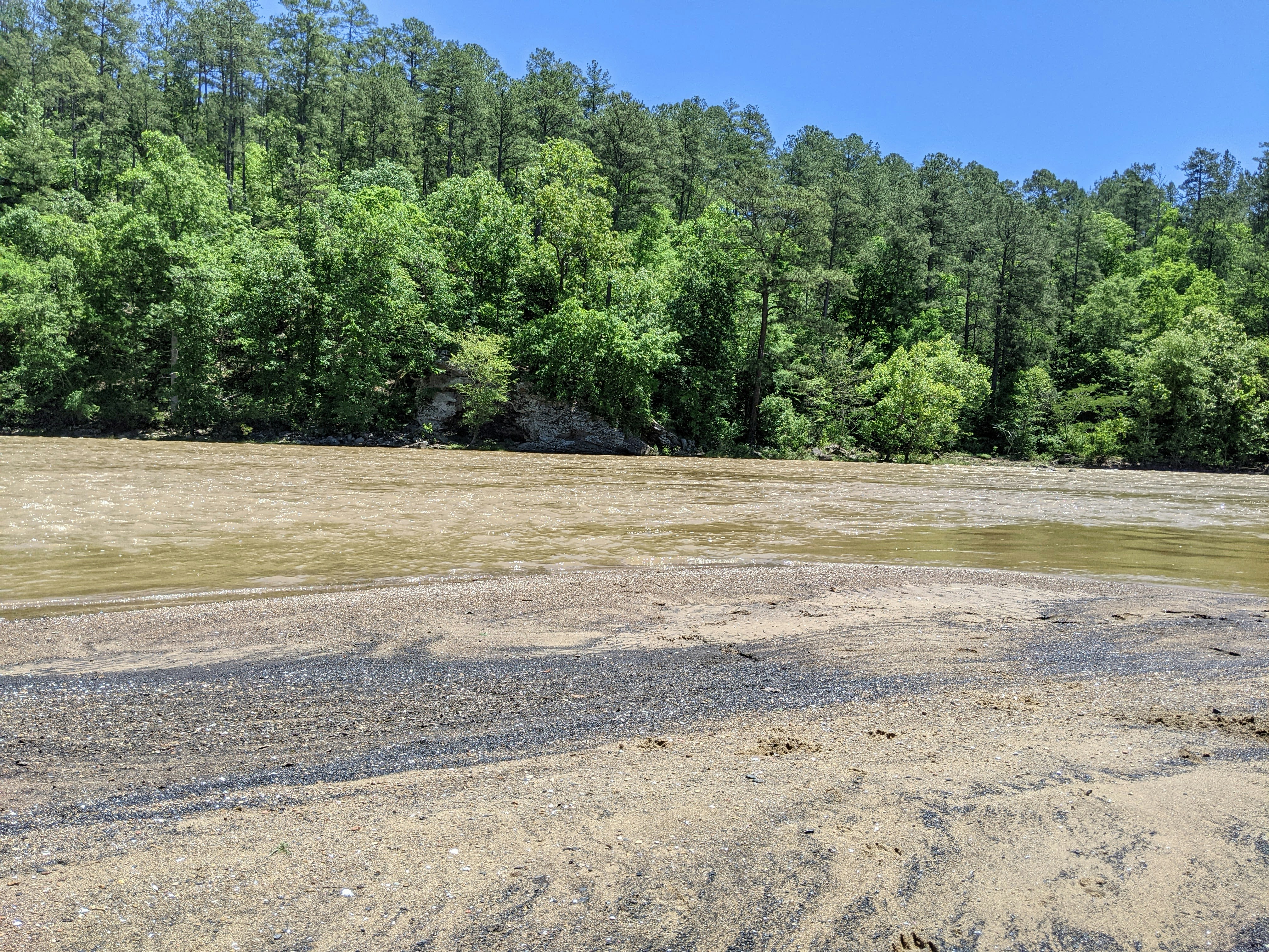 A dirt field with trees in the background