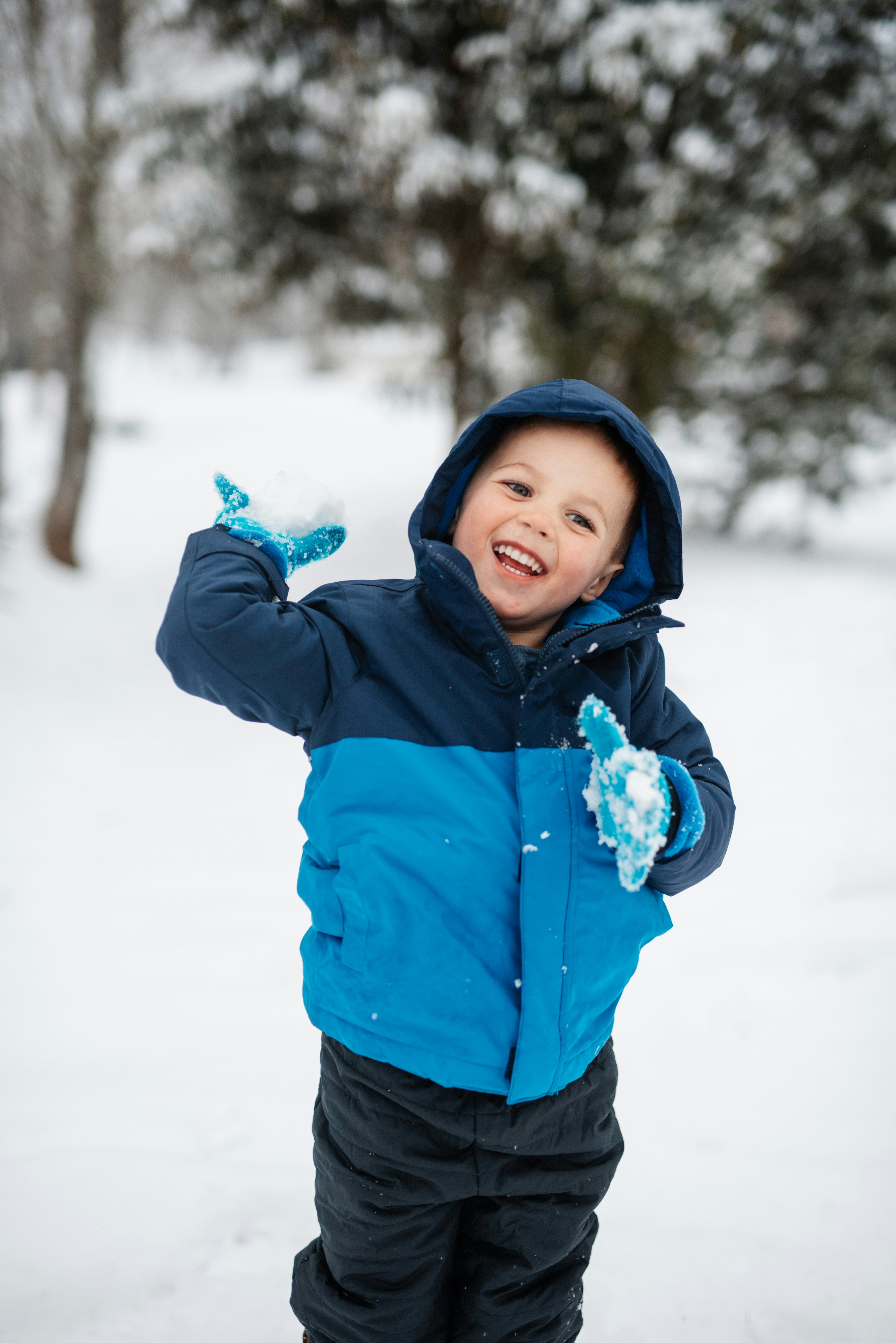 A young boy standing in the snow wearing a blue jacket