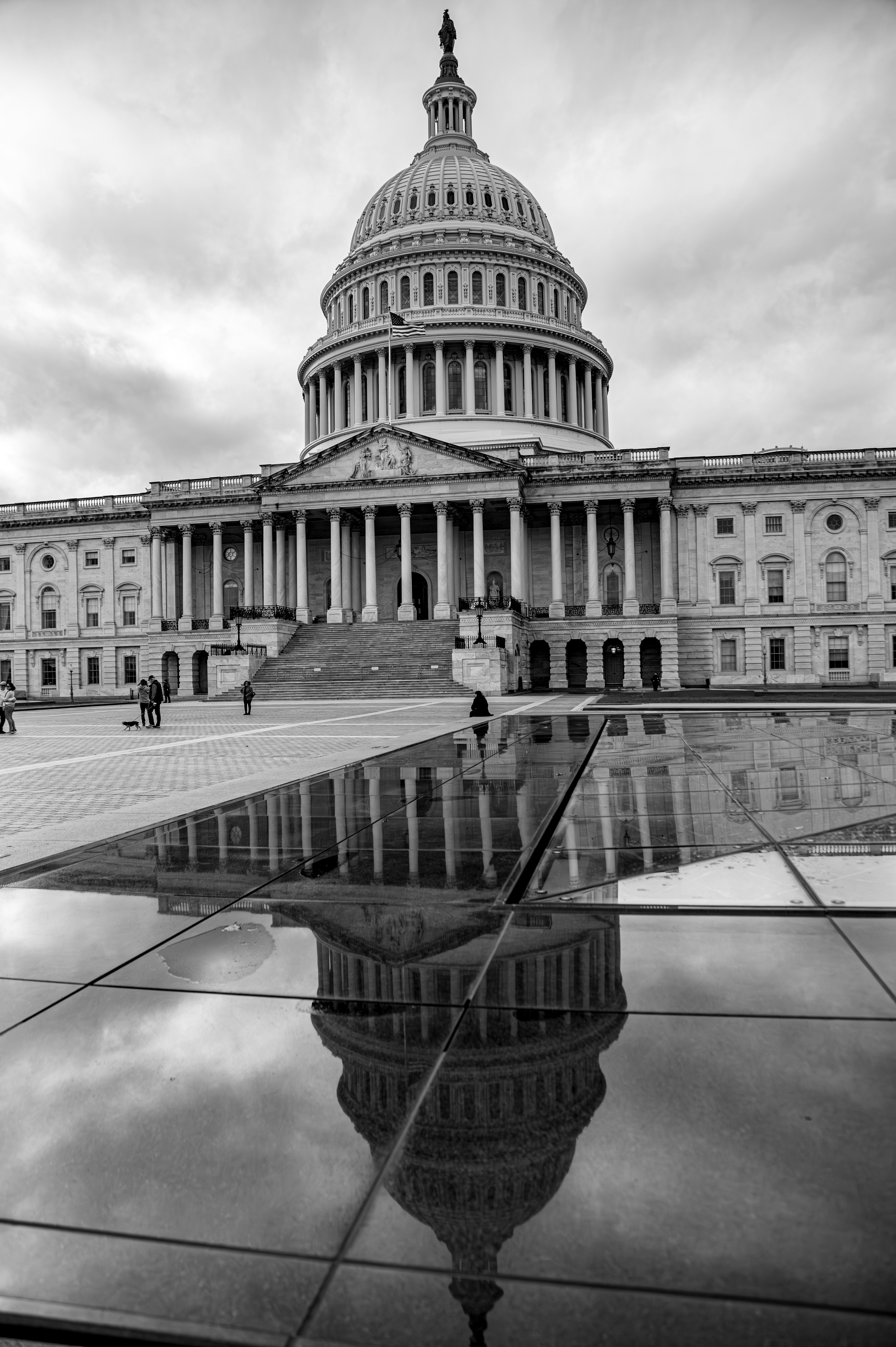 A black and white photo of the capitol building