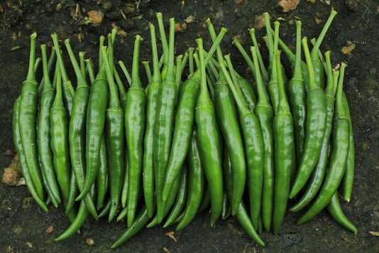 A pile of green beans sitting on top of a dirt ground