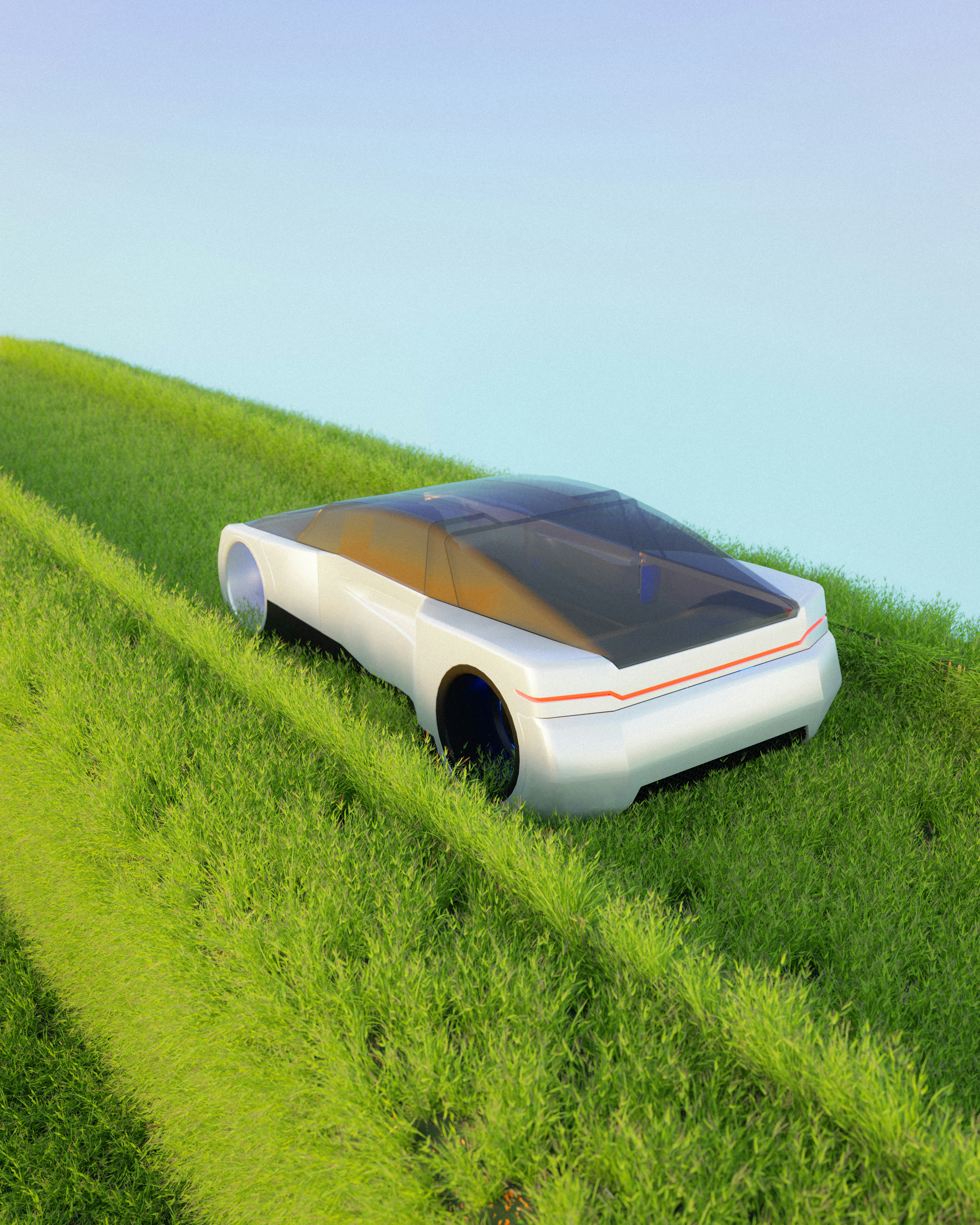 A futuristic car sitting on top of a lush green hillside