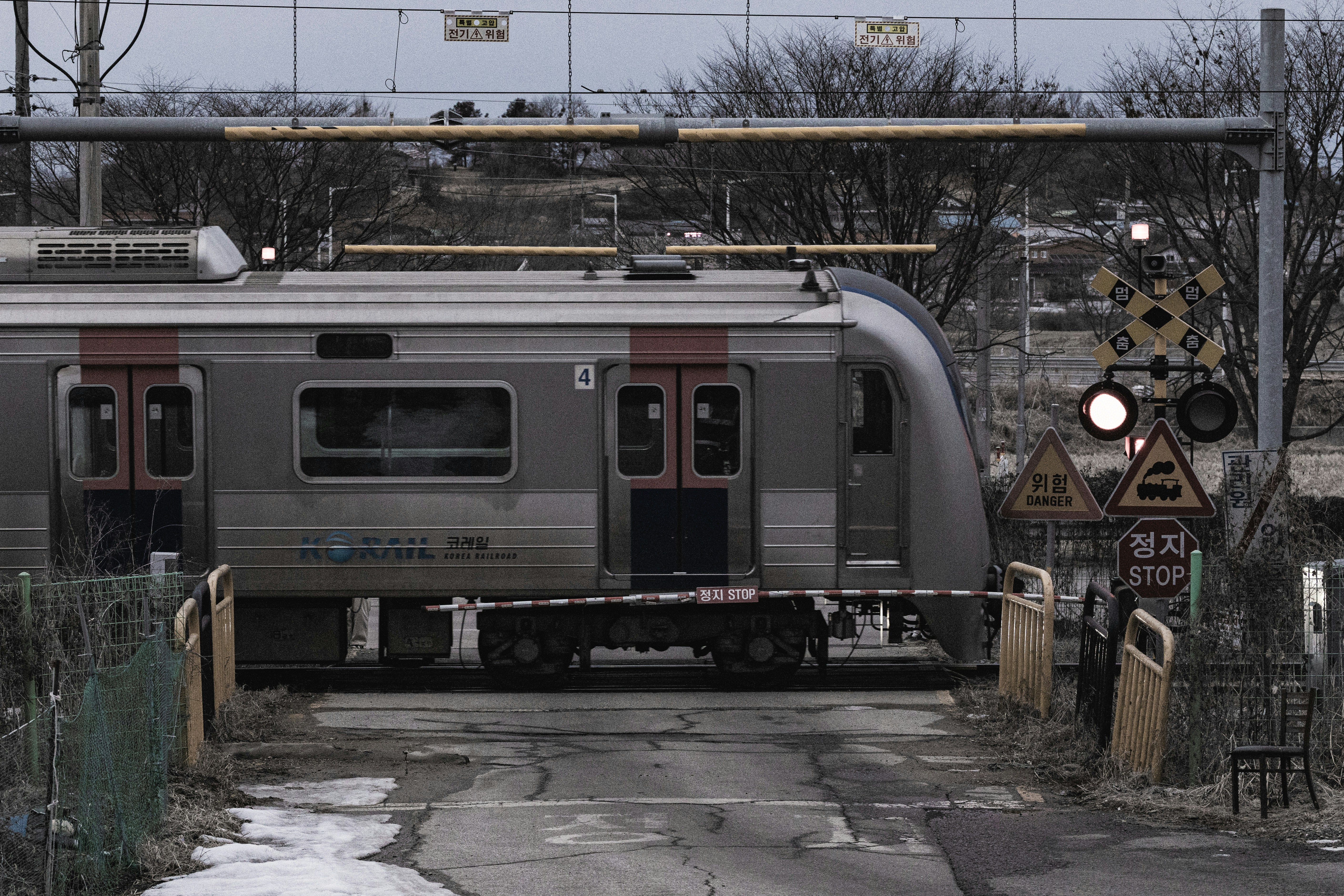 A silver train traveling down train tracks next to a forest photo ...