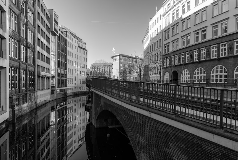 A black and white photo of a bridge and buildings