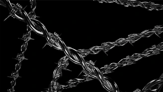 A black and white photo of a chain link fence