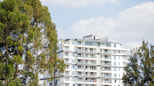 A tall white building sitting next to a lush green forest
