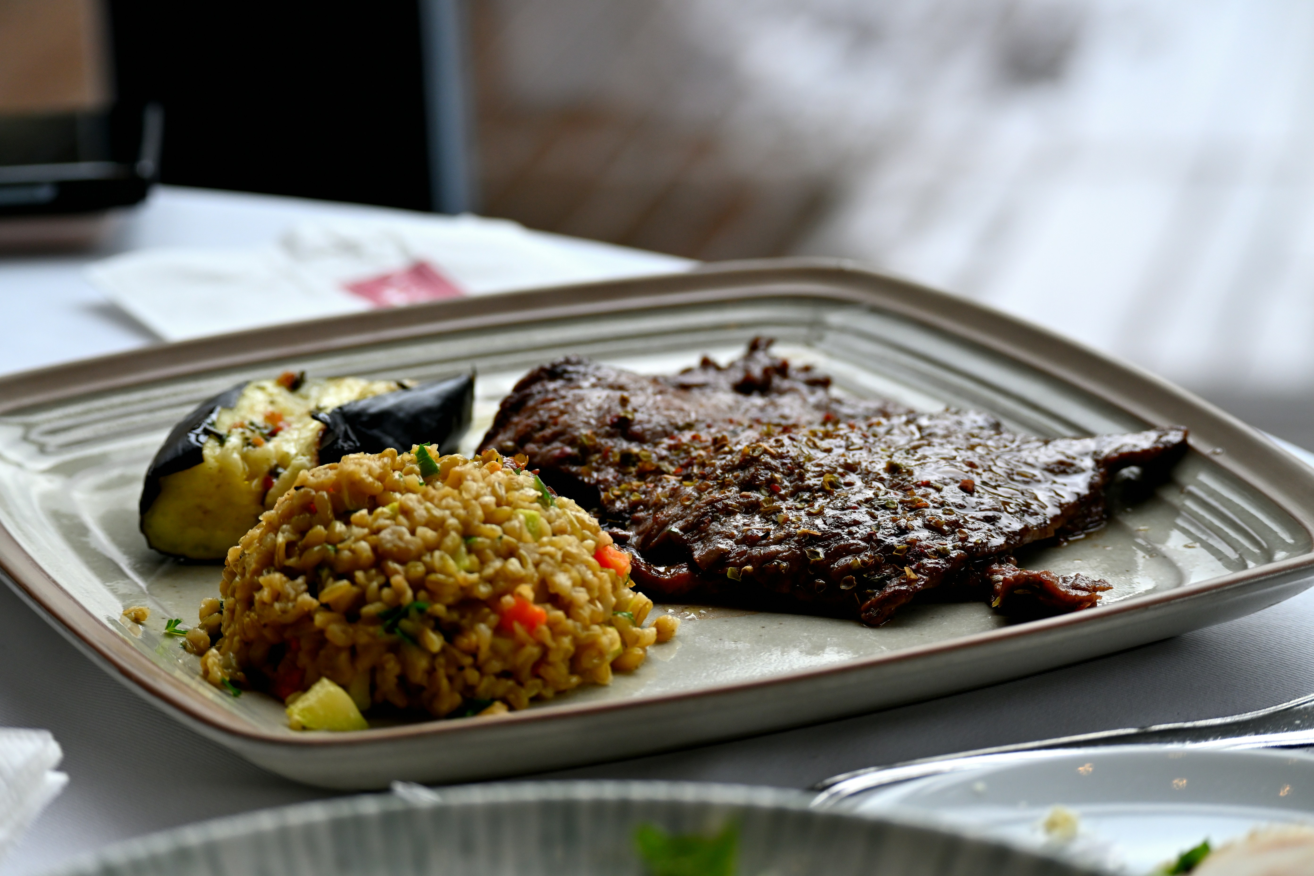 Steak with rice on a plate